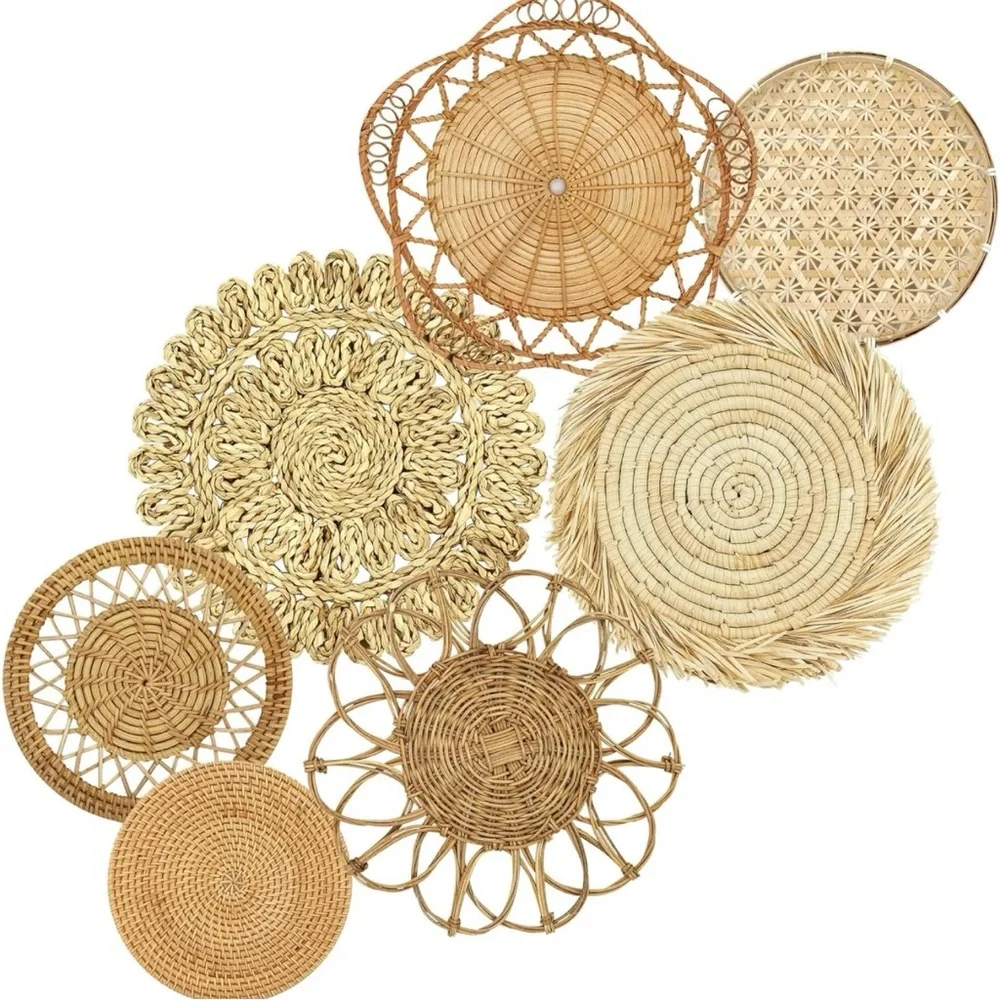 NEW West Elm XL Woven Wicker Rattan Seagrass Boho Wall Hanging Baskets - Set / 7